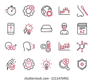 Vector Set of Science icons related to Celsius thermometer, Vocabulary and Coronavirus icons. Chemical formula, Time management and Medical mask signs. Financial diagram, Electricity bulb. Vector