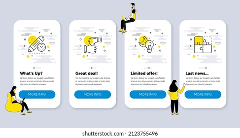 Vector Set Of Science Icons Related To Eco Energy, Project Deadline And Electronic Thermometer Icons. UI Phone App Screens With People. Puzzle Line Symbols. Vector