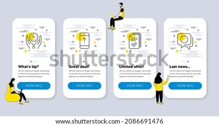 Vector Set of Science icons related to Safe time, Swipe up and Handout icons. UI phone app screens with people. Recovery data line symbols. Management, Scrolling screen, Documents example. Vector