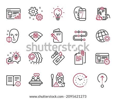 Vector Set of Science icons related to Employees teamwork, Face protection and 5g wifi icons. Energy, World weather and Swipe up signs. Prescription drugs, Methodology and Employees talk. Vector