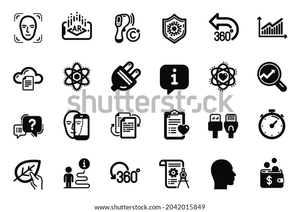 Vector Set of Science icons related to Chemistry\
atom, Full rotation and File storage icons. Divider document,\
Question mark and Electric plug signs. Augmented reality, Analytics\
and Graph. Vector