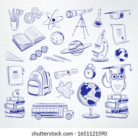 Vector set of science and school illustrations isolated on checkered paper background.