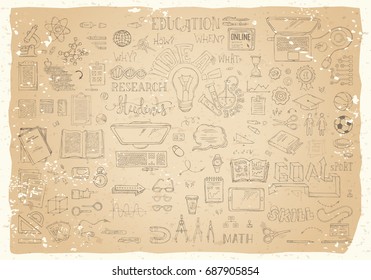 Vector set of science symbols. Chemistry, physics and laboratory research signs. Dna, molecules, books, test-tubes, microscope and others objects on old paper background. Scene creator items. Top view