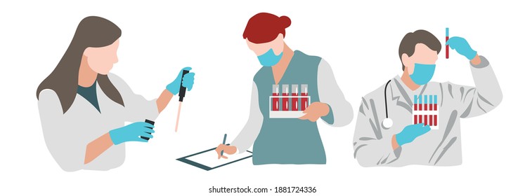 vector set of scientists in masks and gloves with flask of blood