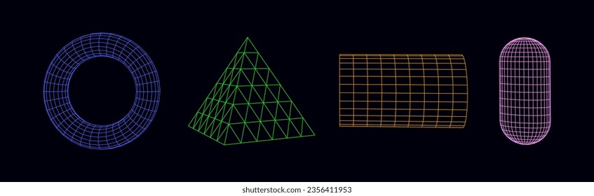 Vector set sci-fi 3D objects with lines. Wireframe geometric colors shapes such as turus, pyramid, capsule, cylinder. Abstract technology background. Scientific framework.