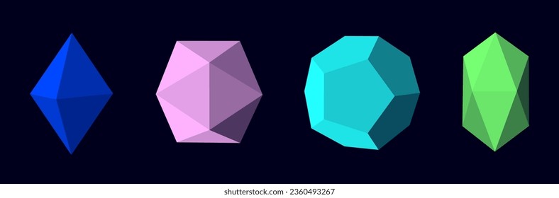 Vector set sci-fi 3D objects with lines. Wireframe geometric colors figures. Abstract technology background. Scientific framework. Gems set.