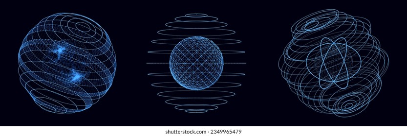 Vector set sci-fi blue sphere with particles and lines. Concept network connection. Frame sphere. Abstract technology background.