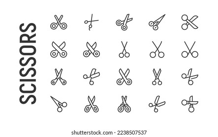 Vector set of scissors thin line icons. Design of 20 stroke pictograms. Signs of scissors isolated on a white background.