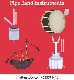 Vector set of scottish or irish pipe band musical instruments. Tenor drum, snare drum, bass drum and bagpipes.