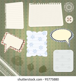 vector set of scrapbook design elements: vintage papers, splashes lacy border, speech bubbles, button , and flower