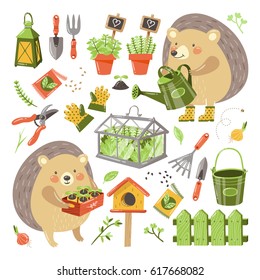 Vector set of scrapbook elements: greenhouse, gardening tools, plants and flowers, decoration and cartoon character hedgehog. All elements are isolated on white.