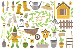 Vector Set Of Scrapbook Elements: House, Gardening Tools, Plants And Flowers, Decoration And Cartoon Character Gnome. Vintage Collection "My Little Garden". All Elements Are Isolated On White.