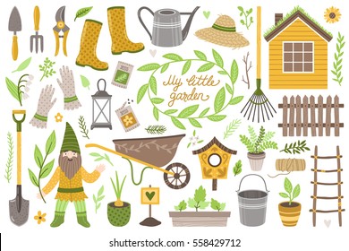 Vector set of scrapbook elements: house, gardening tools, plants and flowers, decoration and cartoon character gnome. Vintage collection "My little garden". All elements are isolated on white.