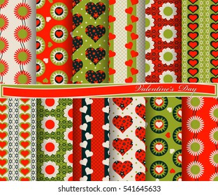 Vector set of scrapbook paper for Valentine's Day. Decorative flowers, heart, abstract forms 