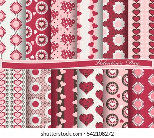 Vector set of scrapbook paper for Valentine's Day. Decorative flowers, heart, abstract forms 
