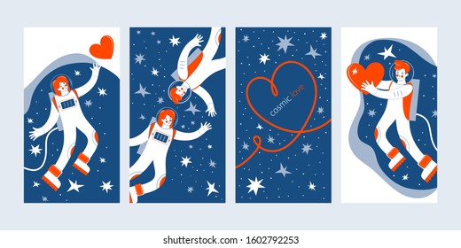 Vector set of screens for mobile applications. Vertical banners for websites and social networks for Valentine's Day. Astronauts fly in outer space among the stars. A man gives a red heart to a woman