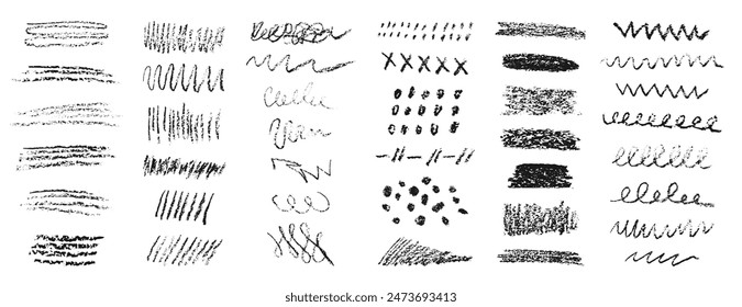 Vector set of scribble hatch textures. Grunge scrawls, charcoal scribbles, scratches, underline, circles and hatching effect. Each doodle element is united and isolated.