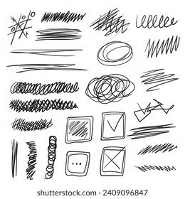 Vector set of scribbles, strikethroughs, lines and shapes. Doodle illustration hand drawn in sloppy style