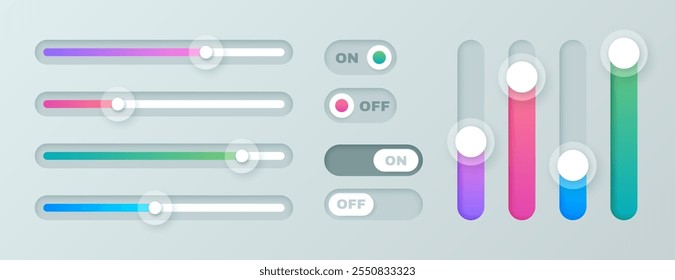 Vector conjunto de iconos de barra de desplazamiento. Deslizadores de color, barras de desplazamiento de la computadora. Elementos de Diseño web para Sitio web, interfaz de usuario del App o página de Internet. Regulador del brillo, enciende y apaga los Botones del interruptor de palanca