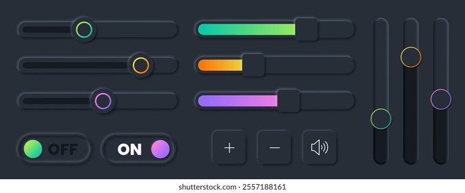 Vector set of scroll bar icons, sliders, scrollbar volume. Grey ui controls web elements for website, app user interface or internet page. Brightness controller, turn on and off toggle switch buttons