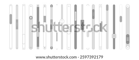 Vector set of scroll bars or vertical sliders. Web design elements for website or internet page. Scrollbars, menu graphic ui interface scrolls control, brightness controllers and volume slider icons