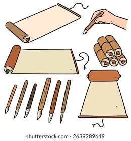 vector set of scroll and brush cartoon