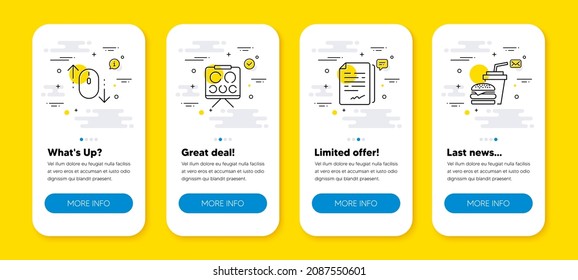 Vector set of Scroll down, Vision board and Document signature line icons set. UI phone app screens with line icons. Hamburger icon. Mouse swipe, Eye check, Agreement file. Burger with drink. Vector