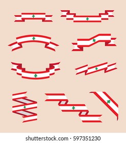 Vector set of scrolled isolated ribbons or banners in colors and with symbol of Lebanese flag.