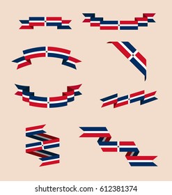 Vector set of scrolled isolated ribbons or banners in colors and with symbol of flag of Dominican Republic.