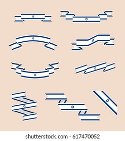 Vector set of scrolled isolated ribbons or banners in colors and with symbol of flag of Israel.