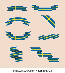 Vector set of scrolled isolated ribbons or banners in colors and with symbol of Swedish flag.