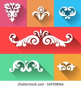 Vector set of scrolls, vignettes and arrows in Victorian style. Element in flat design style. It can be used for decorating of invitations, greeting cards, decoration for bags and at tattoo creation.