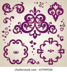 Vector set of scrolls and vignettes in east style. Element for design. It can be used for decorating of invitations, cards, decoration for bags and at tattoo creation.