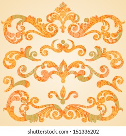 Vector set of scrolls and vignettes in Victorian style. Concept abstract autumn curls. Elements for design. It can be used for decorating of invitations, cards, decoration for bags and clothes. Vector set of scrolls and vignettes in Victorian style. Concept abstract autumn curls. Elements for design. It can be used for decorating of invitations, cards, decoration for bags and clothes.