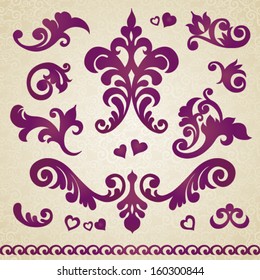 Vector set of scrolls and vignettes in Victorian style. Element for design. It can be used for decorating of invitations, greeting cards, decoration for bags and at tattoo creation.