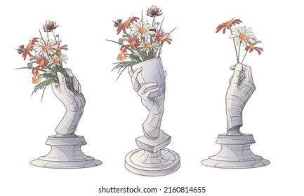 Vector set of sculpture of hands with bouquets of wildflowers. Elegant volumetric illustration perfect for poster, banner, postcard, web design, room decoration, flower shop.