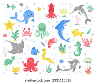 Vector set of sea animals in cartoon style. Marine life. Dolphin, octopus, stingray, squid, jellyfish, fish, crab, seahorse, turtle. Vector illustration.