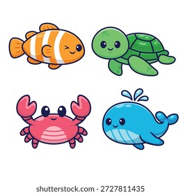 Vector Conjunto de animales marinos Pez payaso, tortugas marinas, ballenas y cangrejos. Personajes lindos perfectos para pegatinas y más.