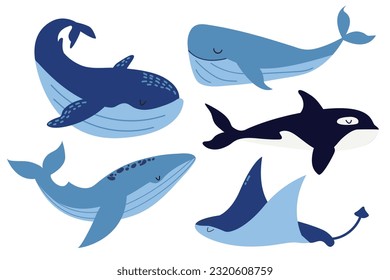 Vector set of sea animals. Collection of Oceanic Mammals. Whale, killer whale, stingray. Flat illustration. Whales in cartoon style. White isolated background.