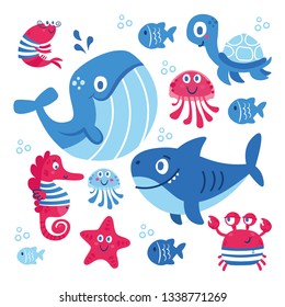 Vector set of sea animals: fish, shark, whale, jellyfish, star, seahorse, crab. turtle. Illustration for clothes, anniversary, birthday, party invitations, scrapbooking, cards and sticker