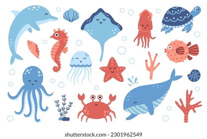 Conjunto vectorial de animales marinos de diseño plano. Cuidada colección de elementos oceánicos. Escaleras marinas.