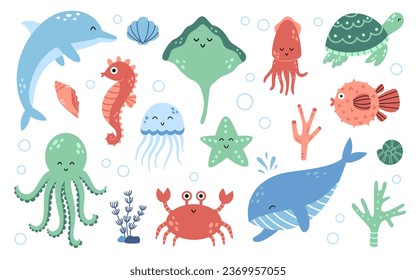 Vector set of sea animals in green, blue and red colors. Collection of cute ocean elements. Marine life cliparts in flat design.