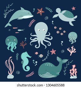 Vector set of sea animals with hand drawn elements. Marine life collection: turtle, dolphin, jellyfish, octopus, seahorse, starfish 