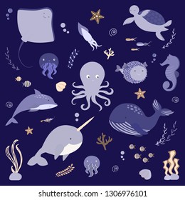 Vector set of sea animals with hand drawn elements. Marine life collection: turtle, dolphin, jellyfish, octopus, seahorse, starfish, stingray, squid, blowfish, narwhal, unicorn-fish