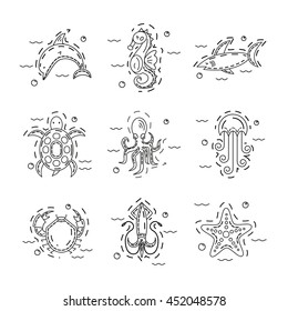 Vector set of sea animals, made in modern thin line stile on white background. Starfish, dolphin, sea horse, shark, sea turtle, octopus, jellyfish, crab, squid.