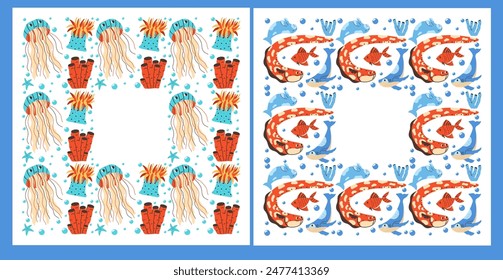 Vector set with sea animals. Marine life frame. 