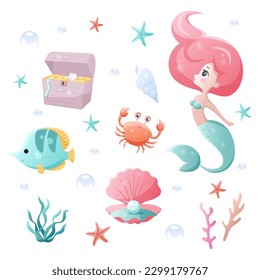 Vector set with sea animals and a mermaid. Collection of marine inhabitants in the cartoon style of children.