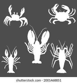 Vector Set of Sea Animals. Omar, Lobster and Crab. Crustaceans Silhouette Illustrations.