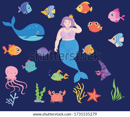 Vector set with sea animals and a  plus size mermaid. Illustration of the underwater world with a plus size mermaid with pink hair.