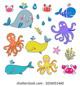 Vector set of sea animals: whales, octopus, crab, sea star. Lovely childish cute illustrations. Perfect for kids.
